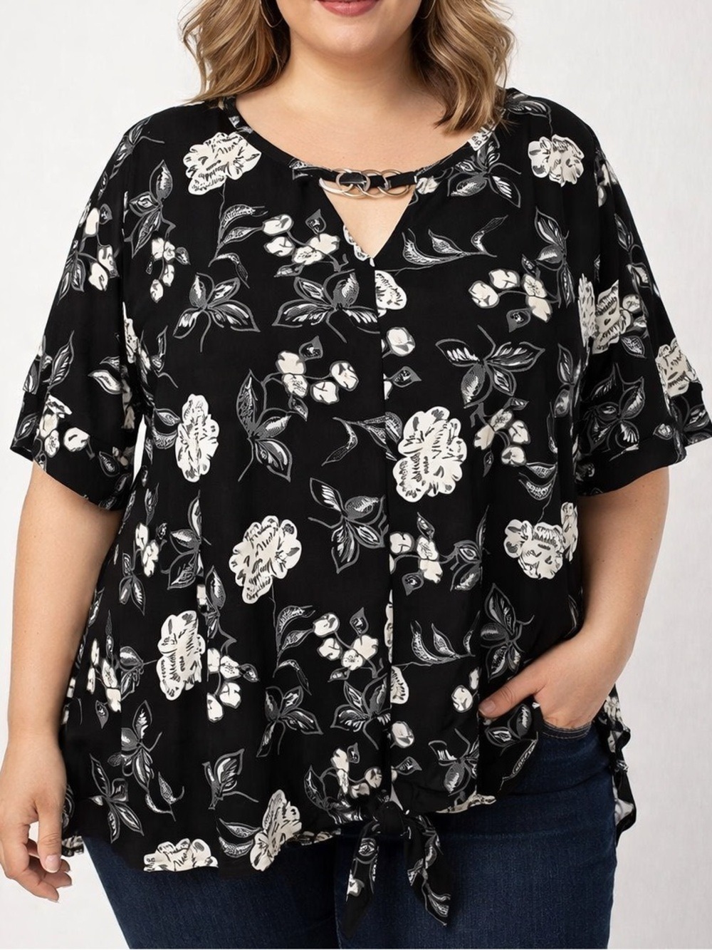 LILY MORGAN Black Floral Top Silver Accent 2X